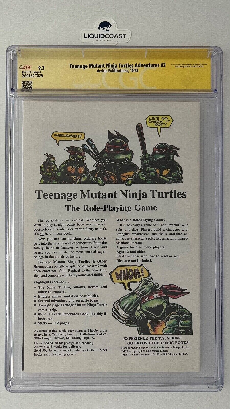 Teenage Mutant Ninja Turtles Adventures #2 SS CGC 9.2 signed by Kevin Eastman